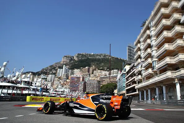MONTE-CARLO, MONACO - MAY 27: (EDITORS NOTE: Image was created using a variable planed lens.) Stoffel Vandoorne of Belgium driving the (2) McLaren Honda Formula 1 Team McLaren MCL32 on track during final practice for the Monaco Formula One Grand Prix at Circuit de Monaco on May 27, 2017 in Monte-Carlo, Monaco. (Photo by Mark Thompson/Getty Images)
