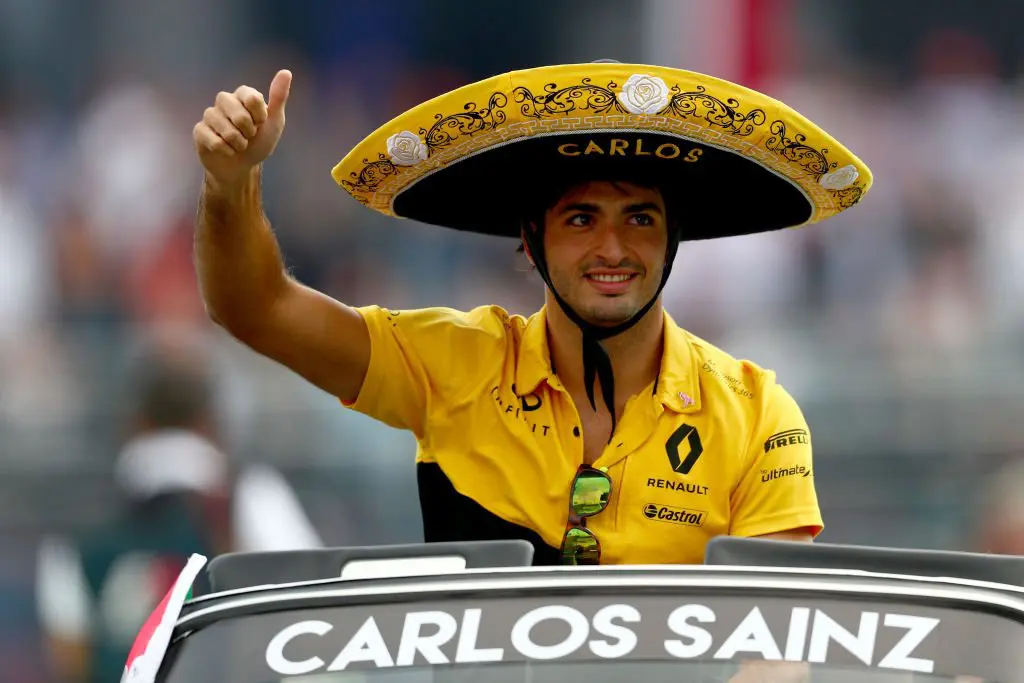 MEXICO CITY, MEXICO - OCTOBER 29: Carlos Sainz of Spain and Renault Sport F1 on the drivers parade before the Formula One Grand Prix of Mexico at Autodromo Hermanos Rodriguez on October 29, 2017 in Mexico City, Mexico. (Photo by Clive Rose/Getty Images)