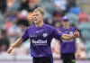HOBART, AUSTRALIA - JANUARY 01: Nathan Ellis of the Hurricanes celebrates the wicket of Chris Lynn of the Heat during the Men's Big Bash League match between the Hobart Hurricanes and the Brisbane Heat at Blundstone Arena, on January 01, 2022, in Hobart, Australia. (Photo by Steve Bell/Getty Images)