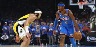 OKLAHOMA CITY, OKLAHOMA - JUNE 22:  Shai Gilgeous-Alexander #2 of the Oklahoma City Thunder is defended by Andrew Nembhard #2 of the Indiana Pacers during the second quarter in Game Seven of the 2025 NBA Finals at Paycom Center on June 22, 2025 in Oklahoma City, Oklahoma. NOTE TO USER: User expressly acknowledges and agrees that, by downloading and or using this photograph, User is consenting to the terms and conditions of the Getty Images License Agreement. (Photo by Matthew Stockman/Getty Images)