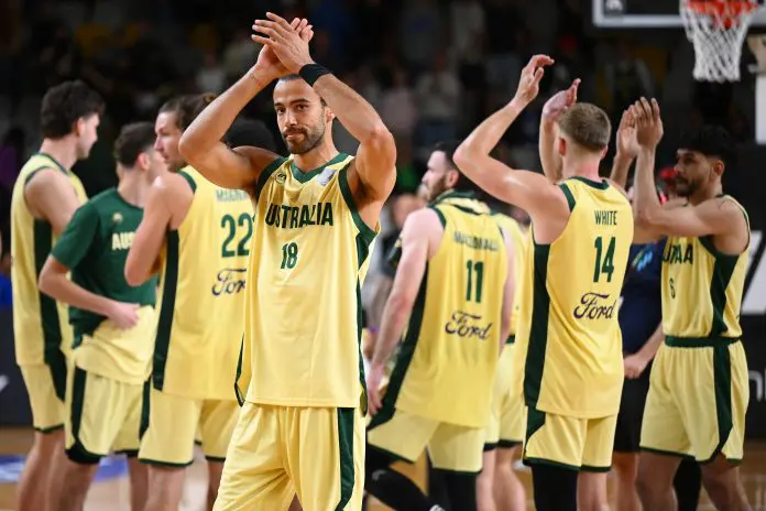 GOLD COAST, AUSTRALIA - JULY 31: Xavier Cooks of the Boomers acknowledges fans after the match between Australian Boomers and University Of Colorado Buffaloes at Gold Coast Sports and Leisure Centre on July 31, 2025 in Gold Coast, Australia. (Photo by Matt Roberts/Getty Images)