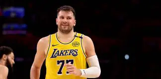 LOS ANGELES, CALIFORNIA - APRIL 11: Luka Doncic #77 of the Los Angeles Lakers reacts after a basket during the second quarter against the Houston Rockets at Crypto.com Arena on April 11, 2025 in Los Angeles, California. NOTE TO USER: User expressly acknowledges and agrees that, by downloading and or using this photograph, User is consenting to the terms and conditions of the Getty Images License Agreement. (Photo by Katelyn Mulcahy/Getty Images)