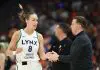 Is the WNBA coming to an end? PHOENIX, ARIZONA - SEPTEMBER 28: Acting head coach Eric Thibault of the Minnesota Lynx high fives Alanna Smith #8 during the first half of Game Four of the 2025 WNBA Playoffs semifinals against the Phoenix Mercury at PHX Arena on September 28, 2025 in Phoenix, Arizona. NOTE TO USER: User expressly acknowledges and agrees that, by downloading and or using this photograph, User is consenting to the terms and conditions of the Getty Images License Agreement. (Photo by Christian Petersen/Getty Images)