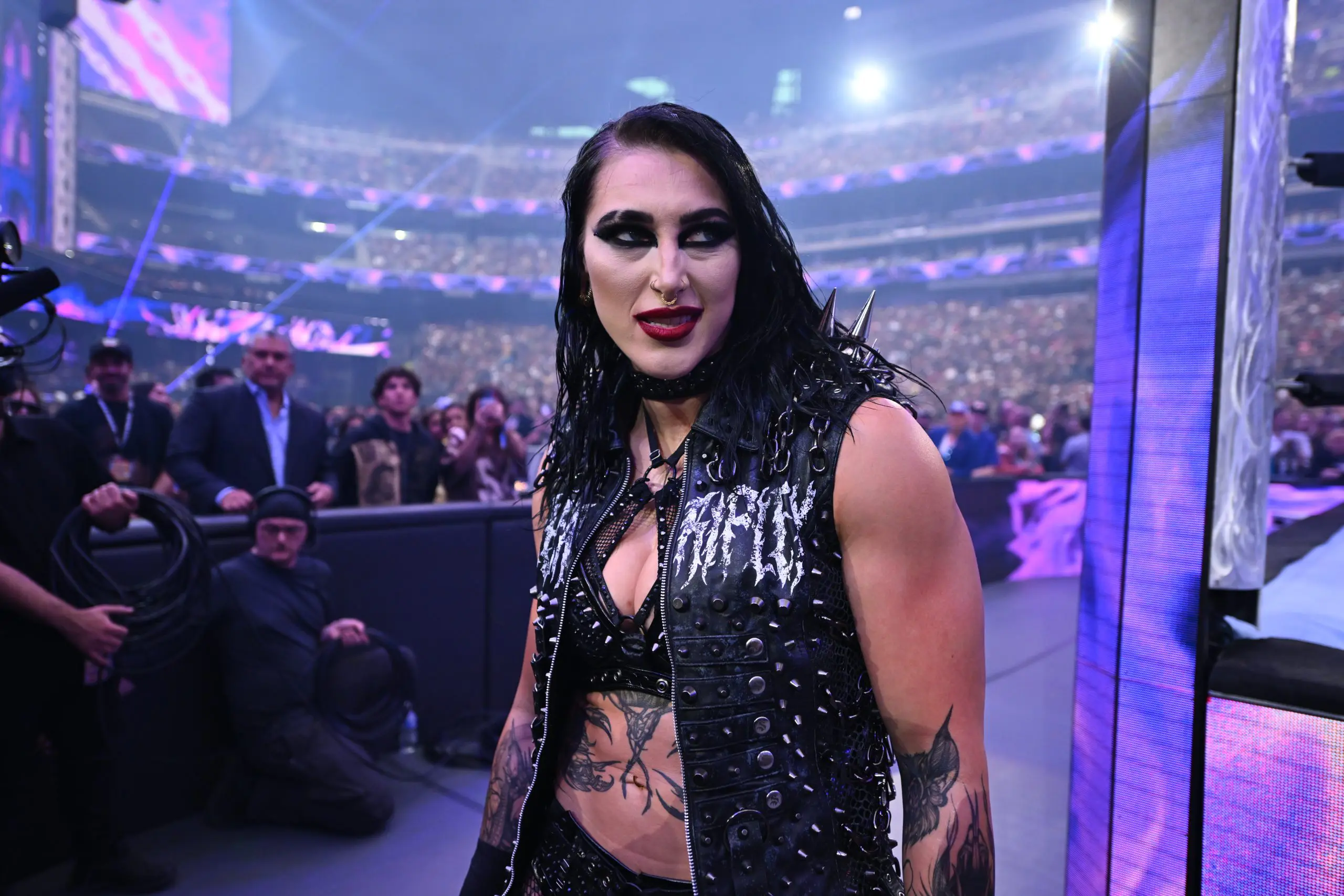 LAS VEGAS, NEVADA - APRIL 20: Bianca Belair (Gold) vs IYO Skyn(yellow) vs Rhea Ripley (Black)during WrestleMania 41 Sunday at Allegiant Stadium on April 20, 2025 in Las Vegas, Nevada.