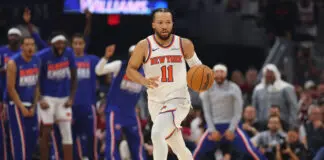 CLEVELAND, OHIO - MAY 25:  Jalen Brunson #11 of the New York Knicks handles the ball against the Cleveland Cavaliers during the third quarter in Game Four of the NBA Eastern Conference Finals at Rocket Arena on May 25, 2026 in Cleveland, Ohio. NOTE TO USER: User expressly acknowledges and agrees that, by downloading and or using this photograph, User is consenting to the terms and conditions of the Getty Images License Agreement. (Photo by Gregory Shamus/Getty Images)