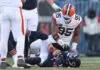 CHICAGO, ILLINOIS - DECEMBER 14: Myles Garrett #95 of the Cleveland Browns sacks Caleb Williams #18 of the Chicago Bears at Soldier Field on December 14, 2025 in Chicago, Illinois. (Photo by Michael Reaves/Getty Images)