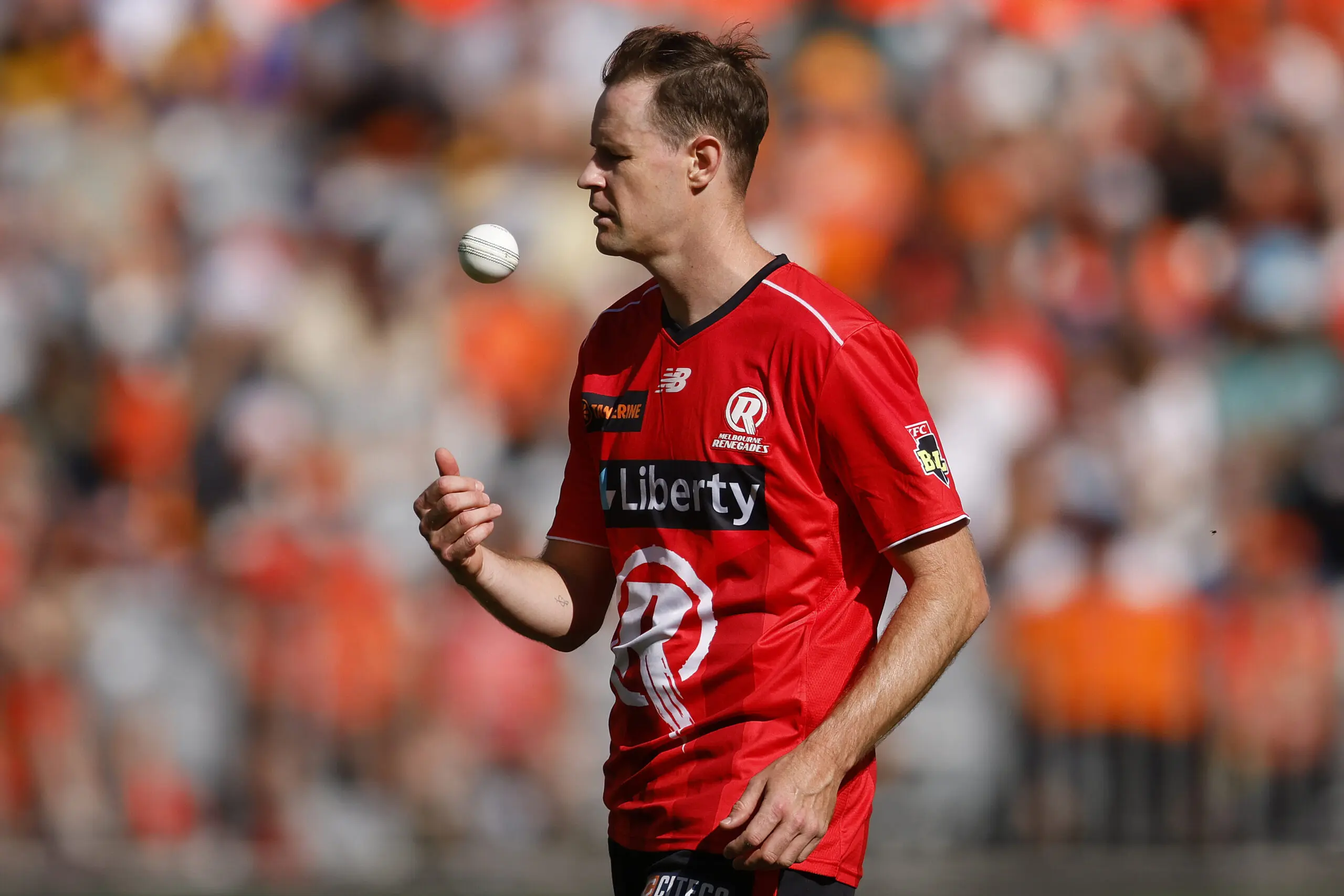 PERTH, AUSTRALIA - JANUARY 07: Jason Behrendorff of the Renegades looks on during the BBL match between Perth Scorchers and Melbourne Renegades at Optus Stadium, on January 07, 2026, in Perth, Australia (Photo by James Worsfold/Getty Images)