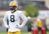 ASHWAUBENON, WISCONSIN - JULY 31: Josh Jacobs #8 of the Green Bay Packers looks on during the Green Bay Packers training camp at Ray Nitschke Field on July 31, 2026 in Ashwaubenon, Wisconsin. (Photo by Patrick McDermott/Getty Images)