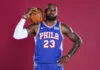 CAMDEN, NEW JERSEY - SEPTEMBER 28: LeBron James #23 of the Philadelphia 76ers poses for a portrait during media day at the Philadelphia 76ers Training Complex on September 28, 2026 in Camden, New Jersey. (Photo by Emilee Chinn/Getty Images)
