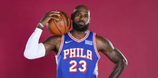 CAMDEN, NEW JERSEY - SEPTEMBER 28: LeBron James #23 of the Philadelphia 76ers poses for a portrait during media day at the Philadelphia 76ers Training Complex on September 28, 2026 in Camden, New Jersey. (Photo by Emilee Chinn/Getty Images)