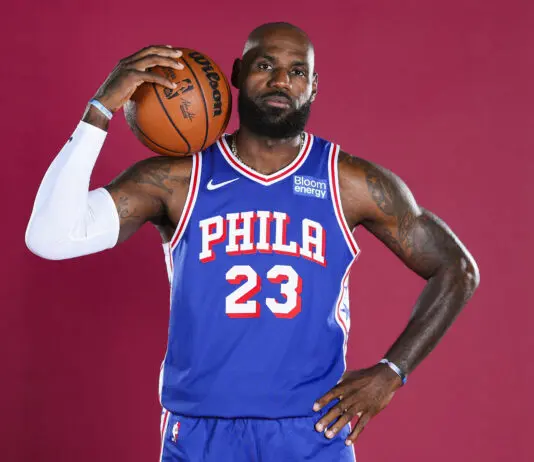 CAMDEN, NEW JERSEY - SEPTEMBER 28: LeBron James #23 of the Philadelphia 76ers poses for a portrait during media day at the Philadelphia 76ers Training Complex on September 28, 2026 in Camden, New Jersey. (Photo by Emilee Chinn/Getty Images)