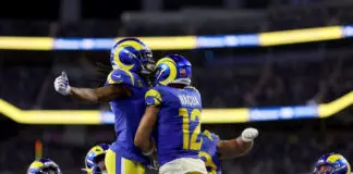 INGLEWOOD, CALIFORNIA - OCTOBER 12: Puka Nacua #12 of the Los Angeles Rams celebrates with Davante Adams #17 after scoring a touchdown against the Buffalo Bills during the fourth quarter of the game at SoFi Stadium on October 12, 2026 in Inglewood, California. (Photo by Luke Hales/Getty Images)