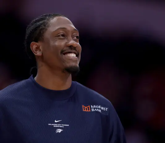HOUSTON, TEXAS - OCTOBER 15: Jalen Williams #8 of the Oklahoma City Thunder reacts prior to the game against the Houston Rockets at Toyota Center on October 15, 2026 in Houston, Texas. NOTE TO USER: User expressly acknowledges and agrees that, by downloading and or using this photograph, User is consenting to the terms and conditions of the Getty Images License Agreement. (Photo by Kenneth Richmond/Getty Images)