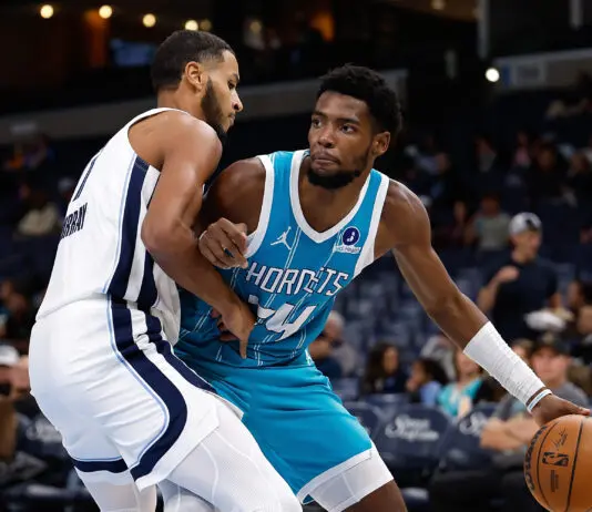 MEMPHIS, TENNESSEE - OCTOBER 16: Brandon Miller #24 of the Charlotte Hornets handles the ball during the second half against Kris Murray #17 of the Memphis Grizzlies during a 2026 preseason game at FedExForum on October 16, 2026 in Memphis, Tennessee. NOTE TO USER: User expressly acknowledges and agrees that, by downloading and or using this photograph, User is consenting to the terms and conditions of the Getty Images License Agreement. (Photo by Justin Ford/Getty Images)