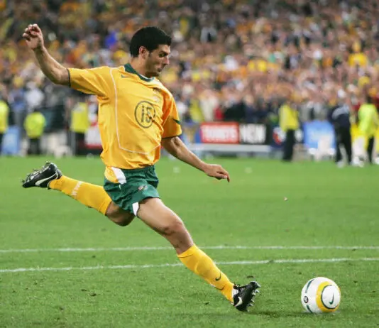 SYDNEY, NSW - NOVEMBER 16:  John Aloisi of Australia kicks the winning goal during the second leg of the 2006 FIFA World Cup qualifying match between Australia and Uruguay at Telstra Stadium November 16, 2005 in Sydney, Australia.  (Photo by Adam Pretty/Getty Images)