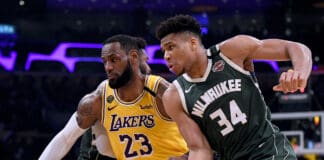 LOS ANGELES, CALIFORNIA - MARCH 06: Giannis Antetokounmpo #34 of the Milwaukee Bucks attempts to get open as LeBron James #23 of the Los Angeles Lakers defends during the third quarter at Staples Center on March 06, 2020 in Los Angeles, California