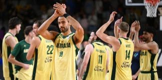 GOLD COAST, AUSTRALIA - JULY 31: Xavier Cooks of the Boomers acknowledges fans after the match between Australian Boomers and University Of Colorado Buffaloes at Gold Coast Sports and Leisure Centre on July 31, 2025 in Gold Coast, Australia. (Photo by Matt Roberts/Getty Images)