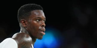 PARIS, FRANCE - AUGUST 06: Dennis Schroder #17 of Team Germany looks on during the Men's Quarterfinal match between Team Germany and Team Greece on day eleven of the Olympic Games Paris 2024 at Bercy Arena on August 06, 2024 in Paris, France. (Photo by Gregory Shamus/Getty Images)