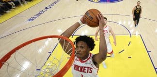 SAN FRANCISCO, CALIFORNIA - MAY 02: Amen Thompson #1 of the Houston Rockets dunks the ball against the Golden State Warriors during the second half in Game Six of the Western Conference First Round NBA Playoffs at Chase Center on May 02, 2025 in San Francisco, California. NOTE TO USER: User expressly acknowledges and agrees that, by downloading and or using this photograph, User is consenting to the terms and conditions of the Getty Images License Agreement. (Photo by Ezra Shaw/Getty Images)