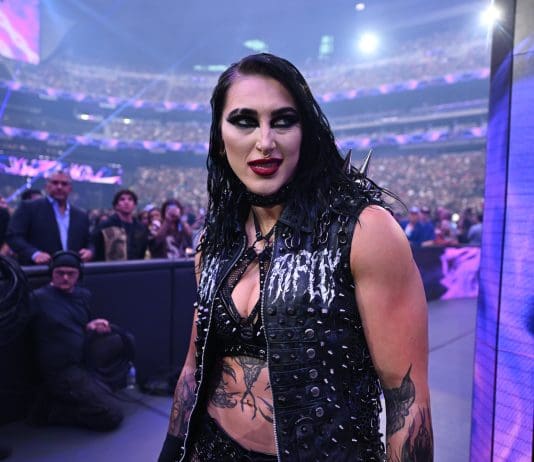 LAS VEGAS, NEVADA - APRIL 20: Bianca Belair (Gold) vs IYO Skyn(yellow) vs Rhea Ripley (Black)during WrestleMania 41 Sunday at Allegiant Stadium on April 20, 2025 in Las Vegas, Nevada.